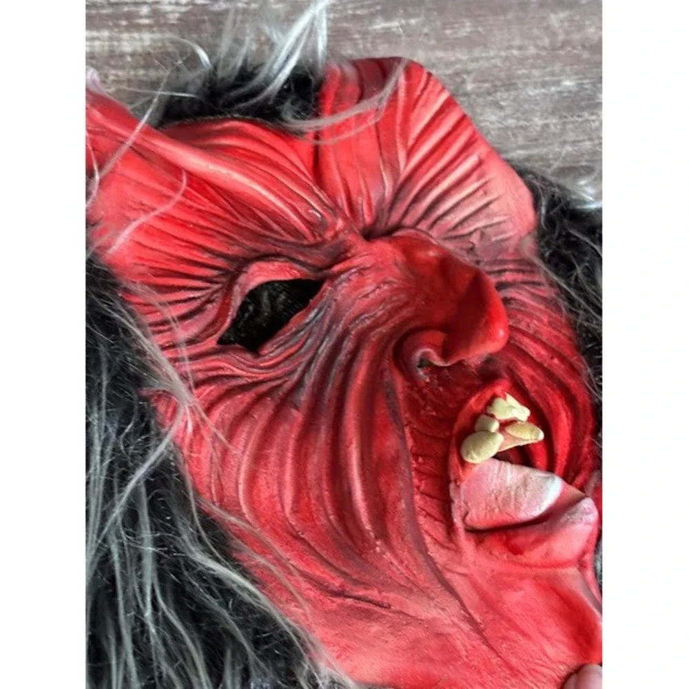 Vintage Red Devil Mask Furry‎ Horned Halloween Costume Party Prop Evil